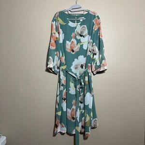 Ava & Viv Floral Midi Dress in Green and Peach